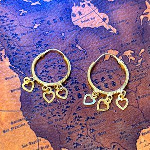22K Gold Hoop Earrings with dangling hearts
